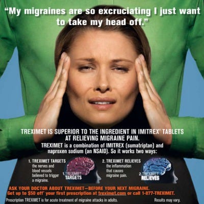 △ 혐오를 조장하는 두통약 광고 사례(너무 두통이 심해서 머리를 떼고 싶다고 표현) / 출처 : forbes.com