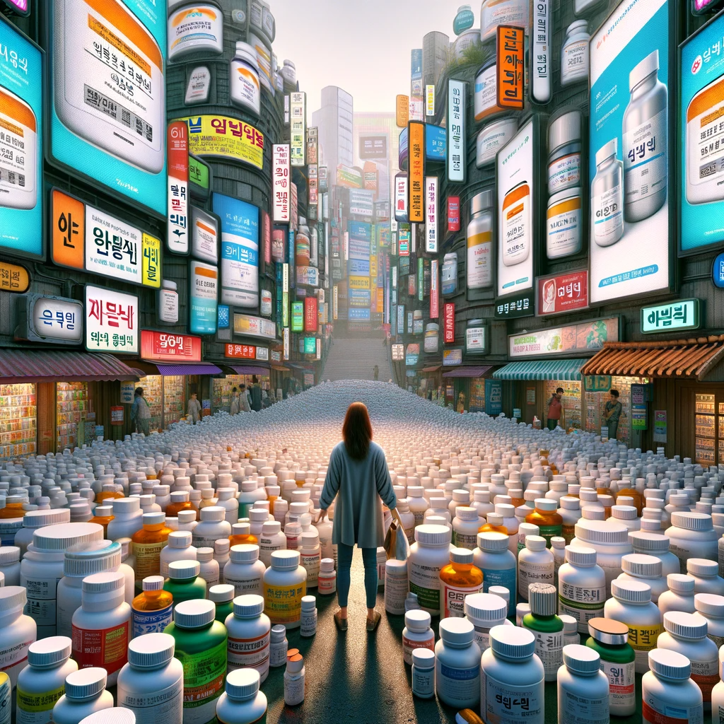 △ 건강기능식 마케팅 속에서 갈등하는 소비자를 형상화한 이미지(출처: DALL-E 활용 생성)