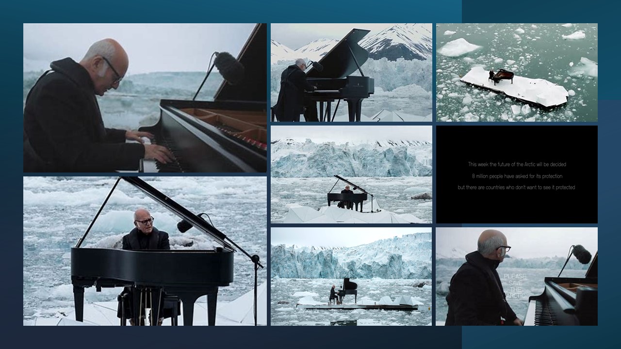 북극의 빙하에서 를 연주하는 루도비코 에이나우디 / 출처: 그린피스(2016)의 캠페인 영상 (https://www.youtube.com/watch?v=2DLnhdnSUVs)
